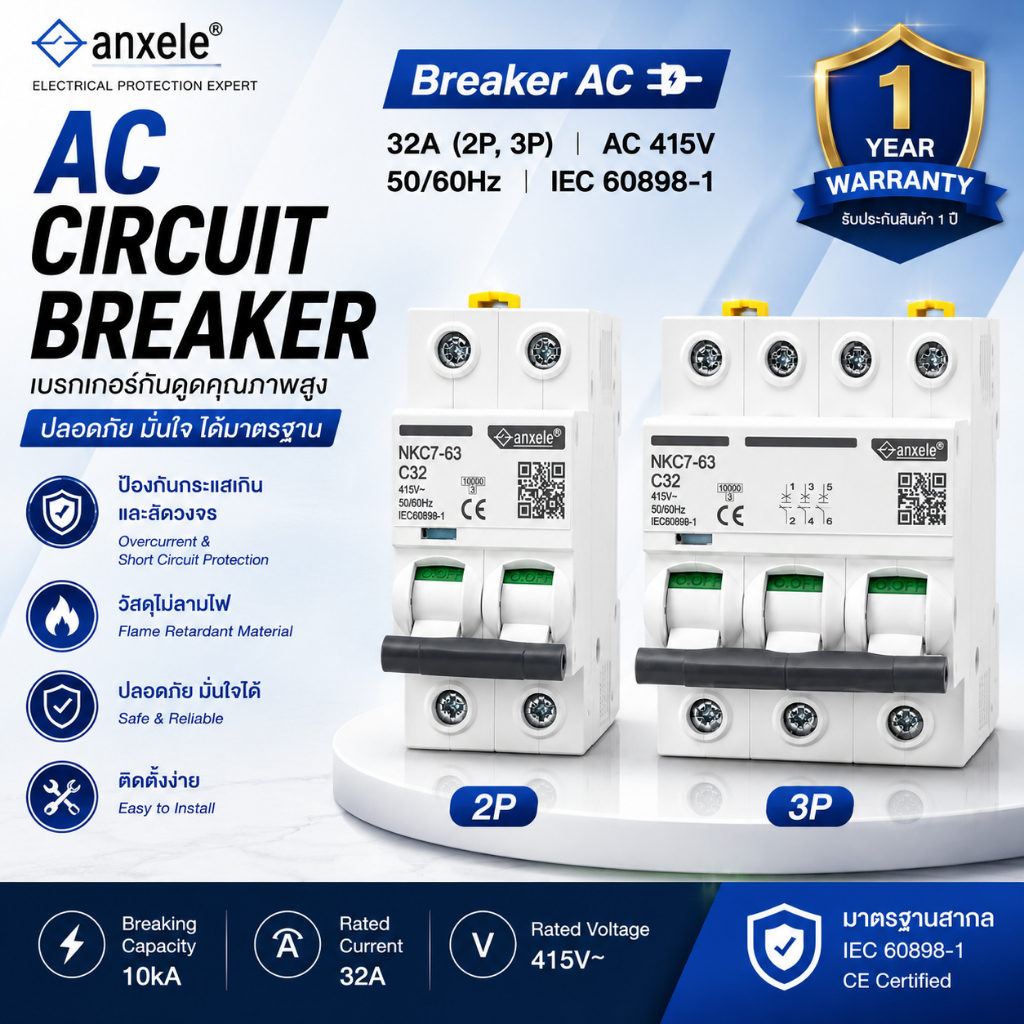 Breaker AC  32A (2P,3P)  • AC 415V • 50/60Hz • IEC 60898-1  warranty 1Y