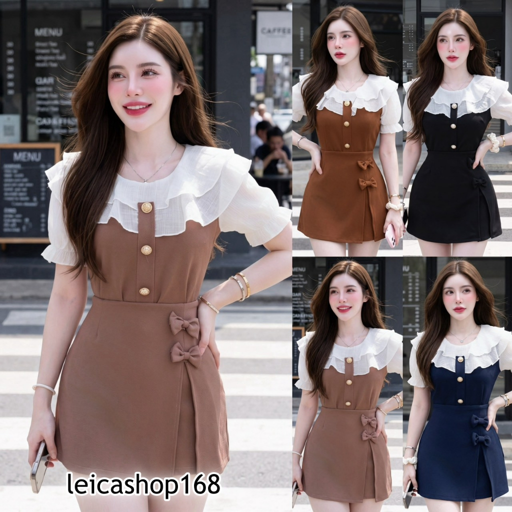 สินค้าพร้อมส่ง เซ็ทสั้น กางเกงกระโปรง ผ้าวูลเวฟ เสื้อแขนตุ๊กตา คอปกแต่งระบายผ้าโรซี่ แต่งกระดุมหน้า+กางเกงกระโปรงผ่าข้าง