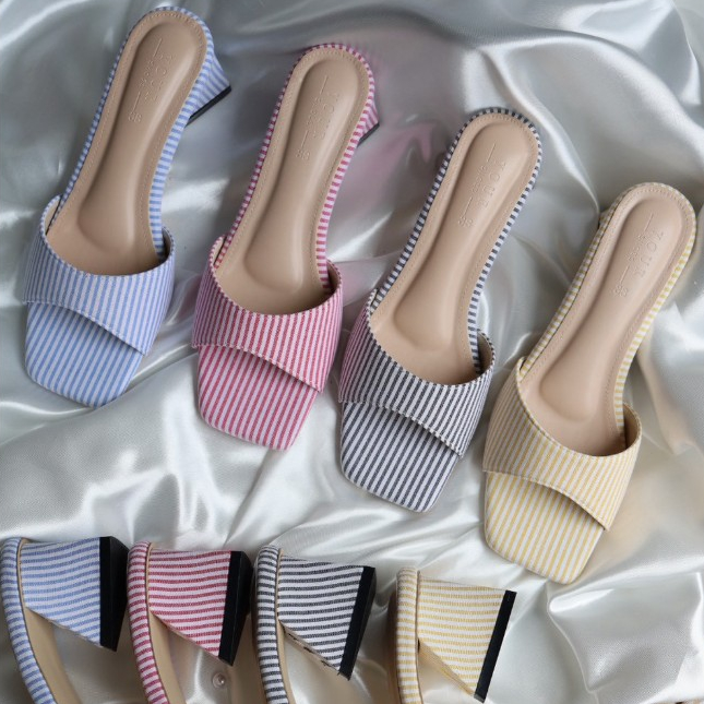YOURSHOES K5 / รองเท้าส้นสูง 2.7นิ้ว รองเท้าผ้าลายทาง รองเท้าออกงาน