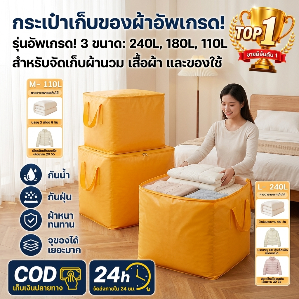 ถุงกระสอบใส่เสื้อผ้า ถุงย้ายบ้าน ขนาดใหญ่ 110/180/240L กันน้ำ พับได้ ผ้าหนา ทนแดดทนฝน กระเป๋าเก็บผ้า