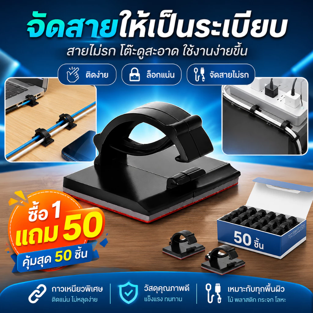 ซื้อ1แถม50 ตัวล็อคสายไฟ ที่ยึดสายไฟ ที่ล็อคสายไฟ แบบติดกาว ไม่ต้องเจาะ ติดได้ทั้งผนังและโต๊ะ เหนียวและทนทาน