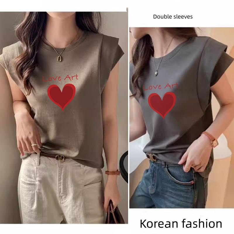 เสื้อแขนกุดผู้หญิง oversize เสื้อผ้าสาวอวบน่ารัก เสื้อยืดแขนสองชั้นแฟชั่นล่าสุดมาใหม่สวยๆ ลําลองสไตล์เกาหลี preppy style