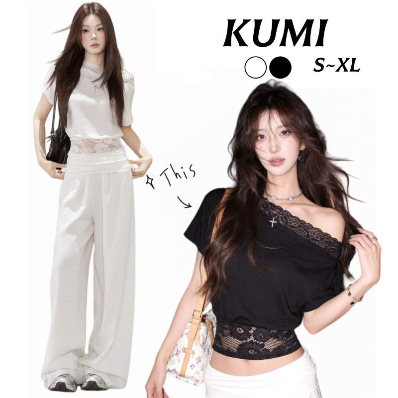 KUMI พร้อมส่ง💞🏜️เสื้อยืดผู้หญิง ทรงลิฟฟิต เปิดไหล่ เสื้อครอป ผู้หญิง ขอบลูกไม้ สไตล์สุภาพหรู แฟชั่น