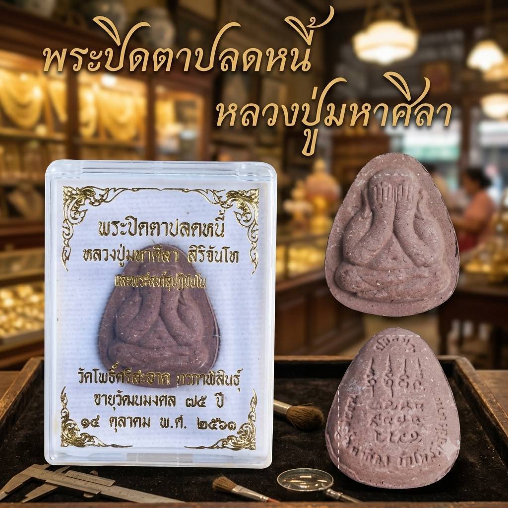พระปิดตาปลดหนี้หลวงปู่ศิลา สิรินจันโท วัดโพธิ์ศรีสะอาด บรรจุในตลับสีขาว แถมบทสวดหลวงปู่มหาศิลา พระพุทธรูป
