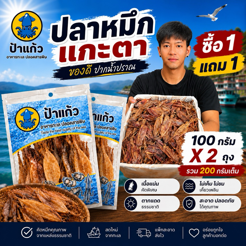 (ซื้อ 1 แถม 1) ปลาหมึกแกะตา 100 กรัม 2 ถุง รวม 200 กรัม เนื้อหวานนุ่ม ตากแดดธรรมชาติ