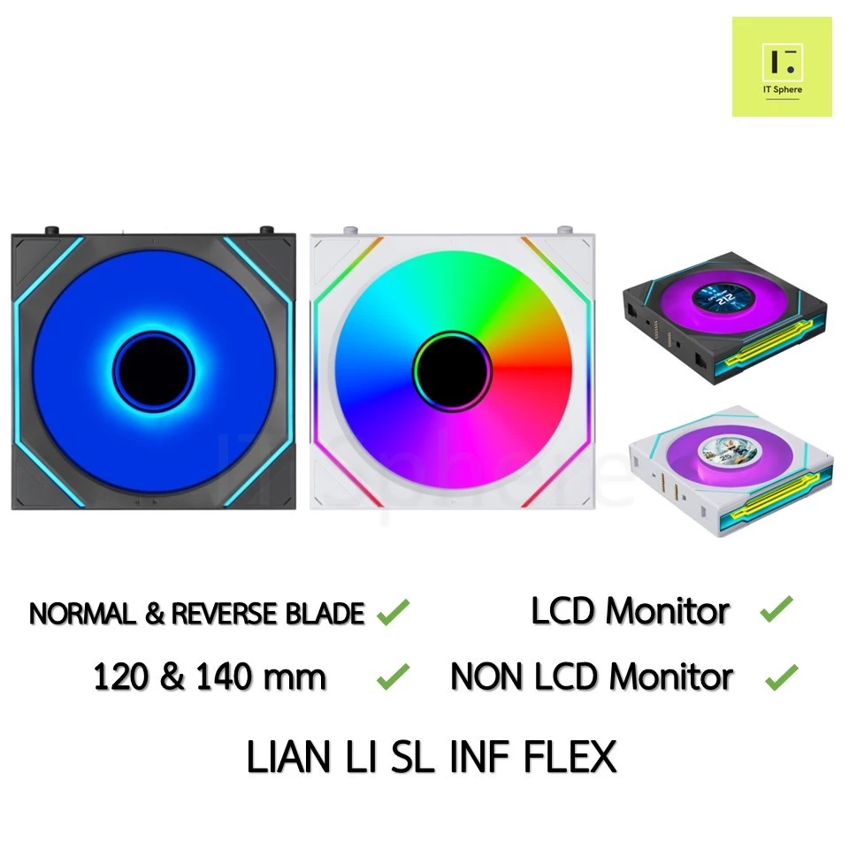 NEW ! SL INF FLEX LCD Fancase Lian WIRELESS Li rgb uni Fan case 120mm พัดลมเคส สีขาว REVERSE SL-INF ดูดเข้า เป่าออก