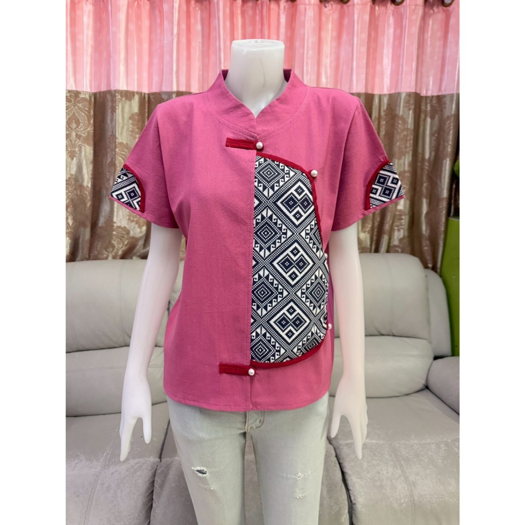 เสื้อผ้าฝ้าย ผ้าพื้นเมืองคอจีนทูโทน แต่งผ้าทอ