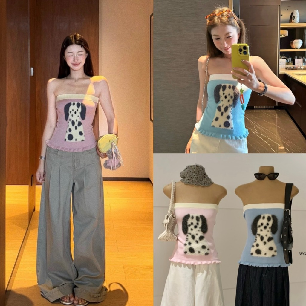 (พร้อมส่ง) เสื้อเกาะอกไหมพรมทอลายช่วงอก - 10363 TAG WG.WE 🇰🇷