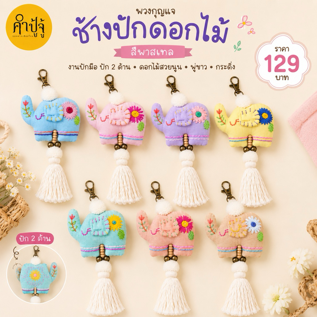 พวงกุญแจช้างสีพาสเทลปักดอกไม้พู่ขาวติดกระดิ่ง งานปักมือ ปัก2ด้าน