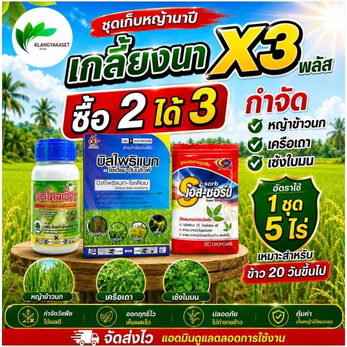 เกลี้ยงนาx3 พลัส (บิส66เล็ก+เอสซอร์บ+ไตรโคลเอ็กเล็ก) ชุดเก็บหญ้าในนาปี ข้าวช่วงอายุ 20-40วัน 1 ชุด ได้ 4-5 ไร่