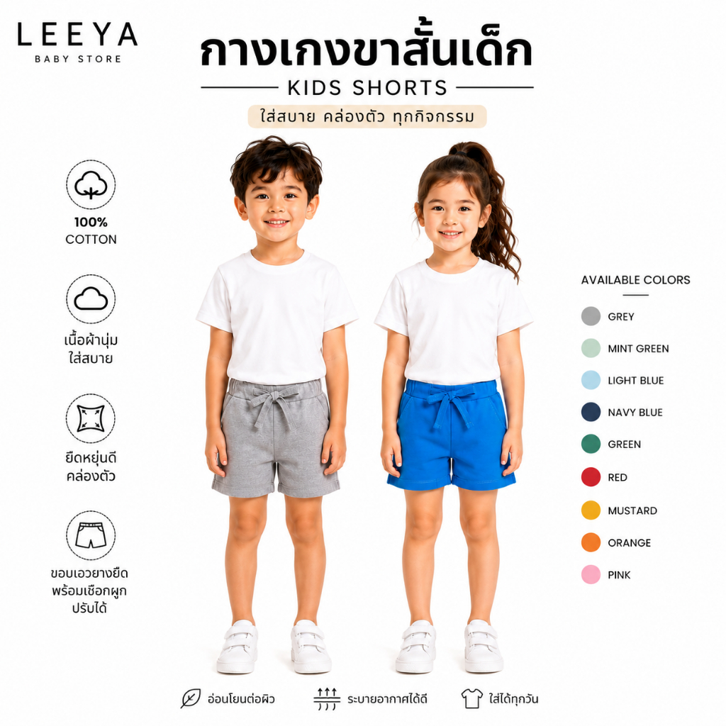 Leeya AE1 "สินค้า ลดราคาพิเศษ" กางเกงขาสั้นเด็ก เนื้อผ้านุ่ม สวมใส่สบาย 100% Cotton Supersoft  Baby & Kids Shorts