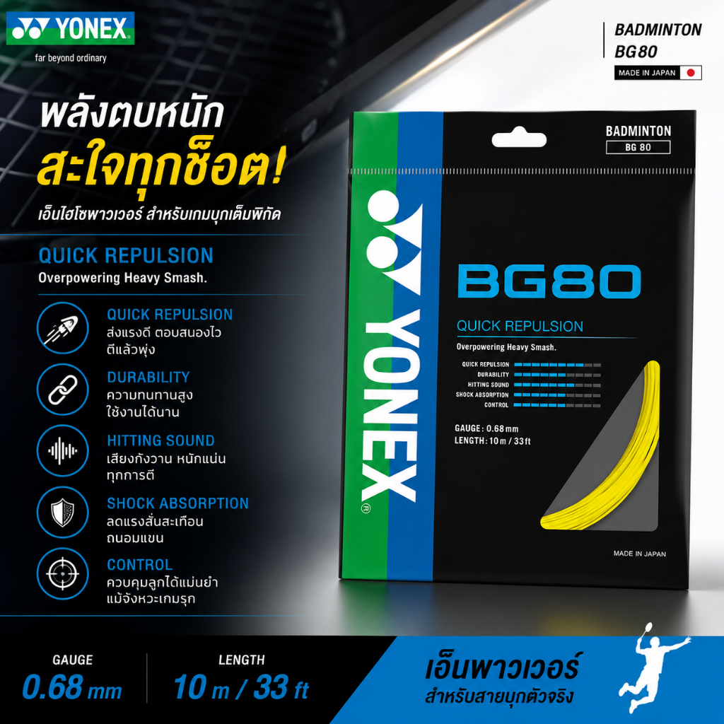 YONEX BG80 เอ็นแบดมินตัน 0.68 มม. ตบหนัก คอนโทรลดี เสียงแน่น Made in Japan ของแท้