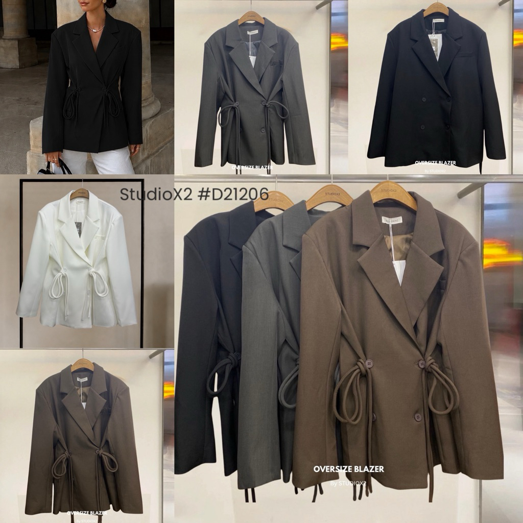 D21206 StudioX2 OVERSIZE BLAZER เสื้อสูททรงโอเวอร์ไซส์ เสริมบ่า มีดีเทลผูกข้างเอว 2 ข้าง เนื้อผ้าสูทมีความเป็นทรงสวย