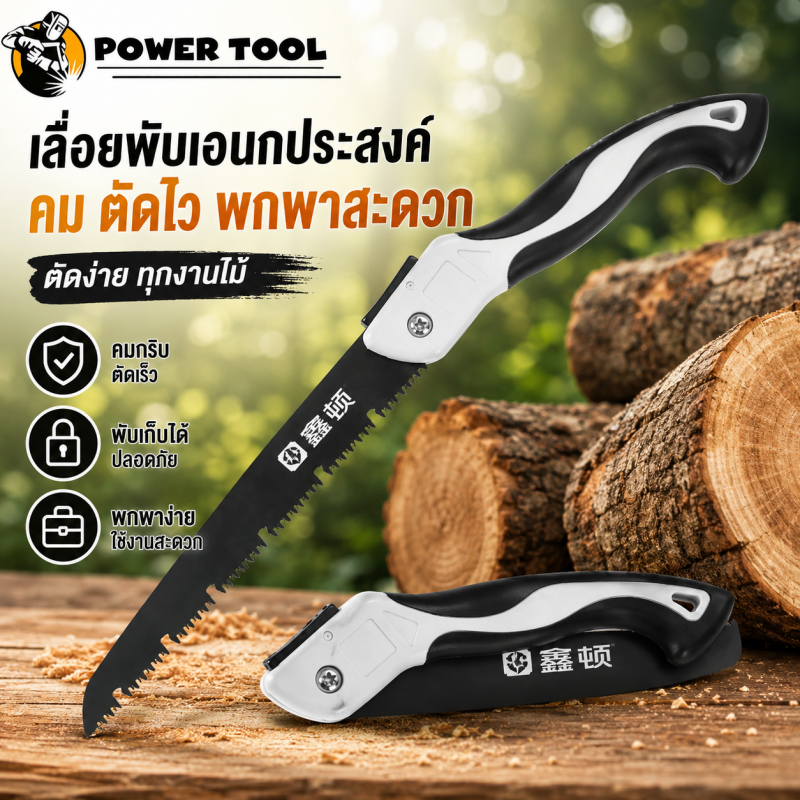เลื่อยพับตัดกิ่งไม้ ใบเลื่อยเหล็ก SK5 มีระบบล็อคเซฟตี้ ป้องกันสนิม พกพาง่าย พับเก็บสะดวก