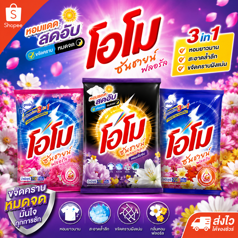 ( 1 ถุง ) โอโม ซันชายน์ สูตรมาตรฐาน สำหรับซักมือและเครื่องฝาบน 2500 - 2600 กรัม