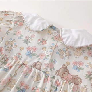 Hania kids พร้อมส่ง เดรสเจ้าหญิงตัวน้อย ลายหมีน้อยดอกไม้ละมุน ดีไซน์คอปกย้อนยุค K5125615
