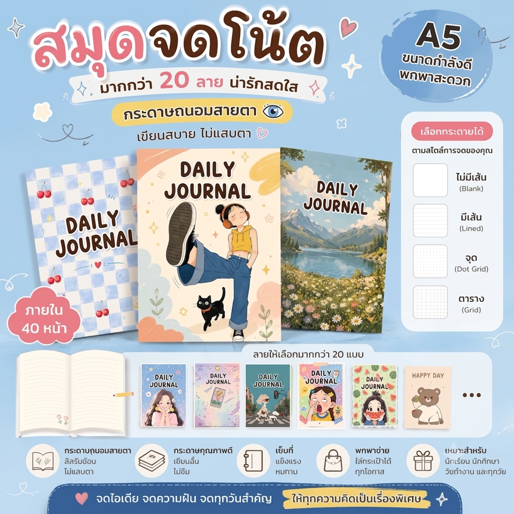 40หน้า สมุดโน้ต A5 กระดาษถนอมสายตา | Daily Journal (ไม่มีเส้น/ตาราง/จุด/เส้นบรรทัด) สมุดบันทึก NB