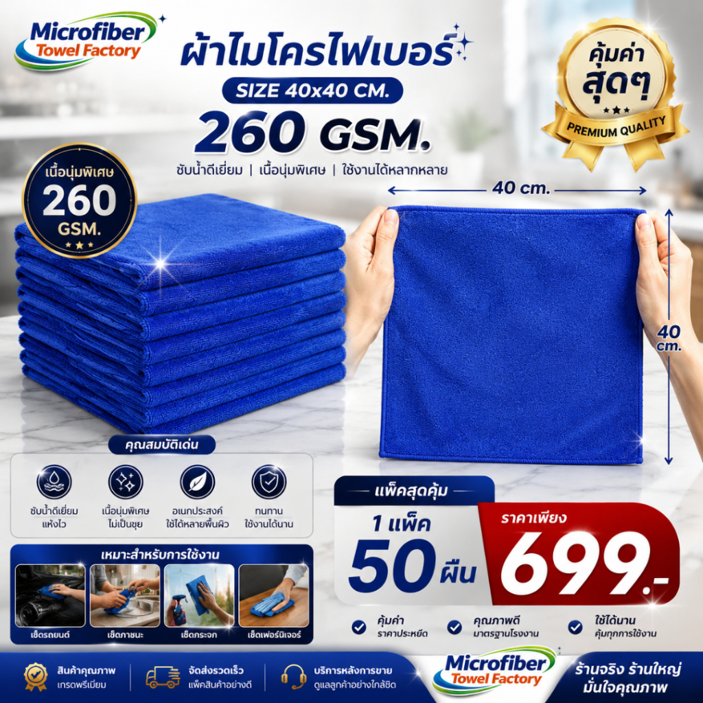50ผืน ผ้าทำความสะอาดไมโครไฟเบอร์ ขนาด40x40 ซม. 260กรัม แพค50ผืน ใช้งานง่ายสะดวก
