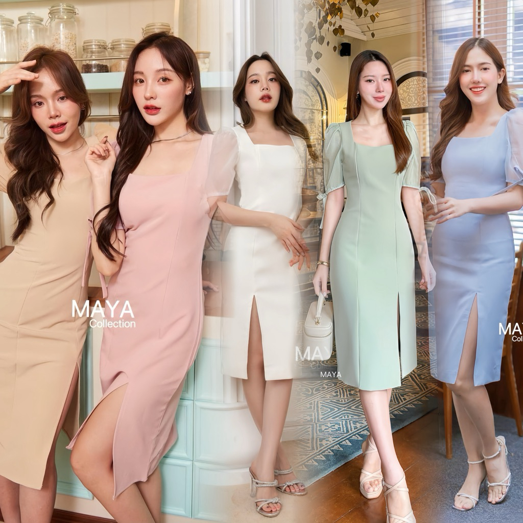 มาเพิ่ม s-2xlชุดเดรสออกงานน่ารัก เดรสแขนพองMAYA G090  s m l xl 2xl ชุดเดรสน่ารักๆผูกโบว์ที่แขน