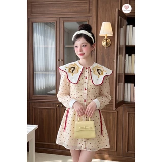 (มี3XL) Maria Diamond สีเหลืองพาสเทล Princess Kiss Dress เดรสสั้นผ้าออแกนดี้เนื้อนิ่มลายจุด กระดุมหน้า ปกงานปักหน้าหลัง