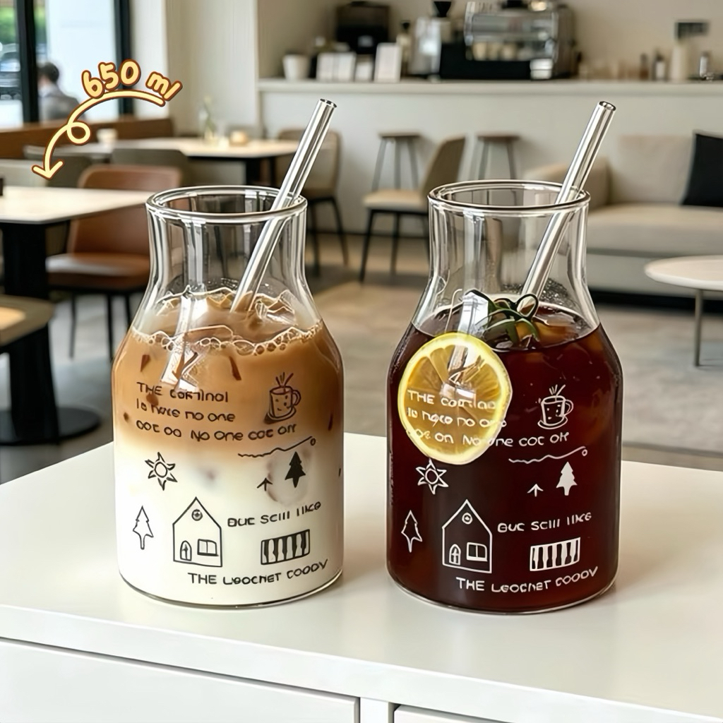 แก้วทรงคอแคบ พร้อมหลอด 650 มล ลายมินิมอล วัสดุแก้ว ขาวดำ พร้อมส่ง