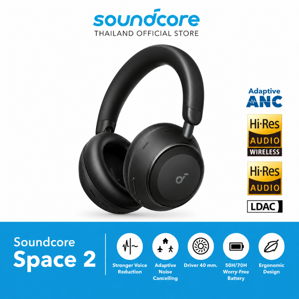 Soundcore Space 2 หูฟังครอบหู ANC 3.0 headphones 50H หูฟังบลูทูธไร้สาย LDAC Hi-Res บลูทูธ 6.1