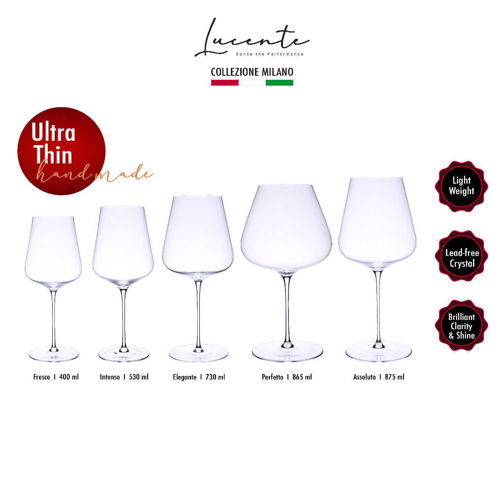 Lucente Full Collection Luxury Crystal Glass แก้วไวน์คริสตัล Handmade บางและเบาพิเศษ แก้วไวน์ขาว แก้วไวน์แดง 400 - 875ML