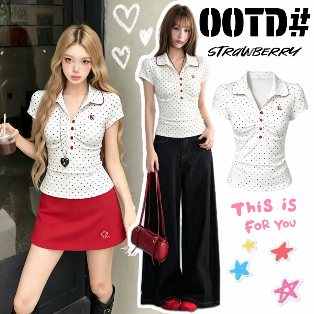 STRพร้อมส่ง เสื้อยืดแขนสั้นคอวี เสื้อโปโลผู้หญิงทรงเข้ารูป ลายจุด จับจีบหน้าอก แต่งกระดุม สไตล์หวานน่ารัก ใส่ได้ทุกวัน