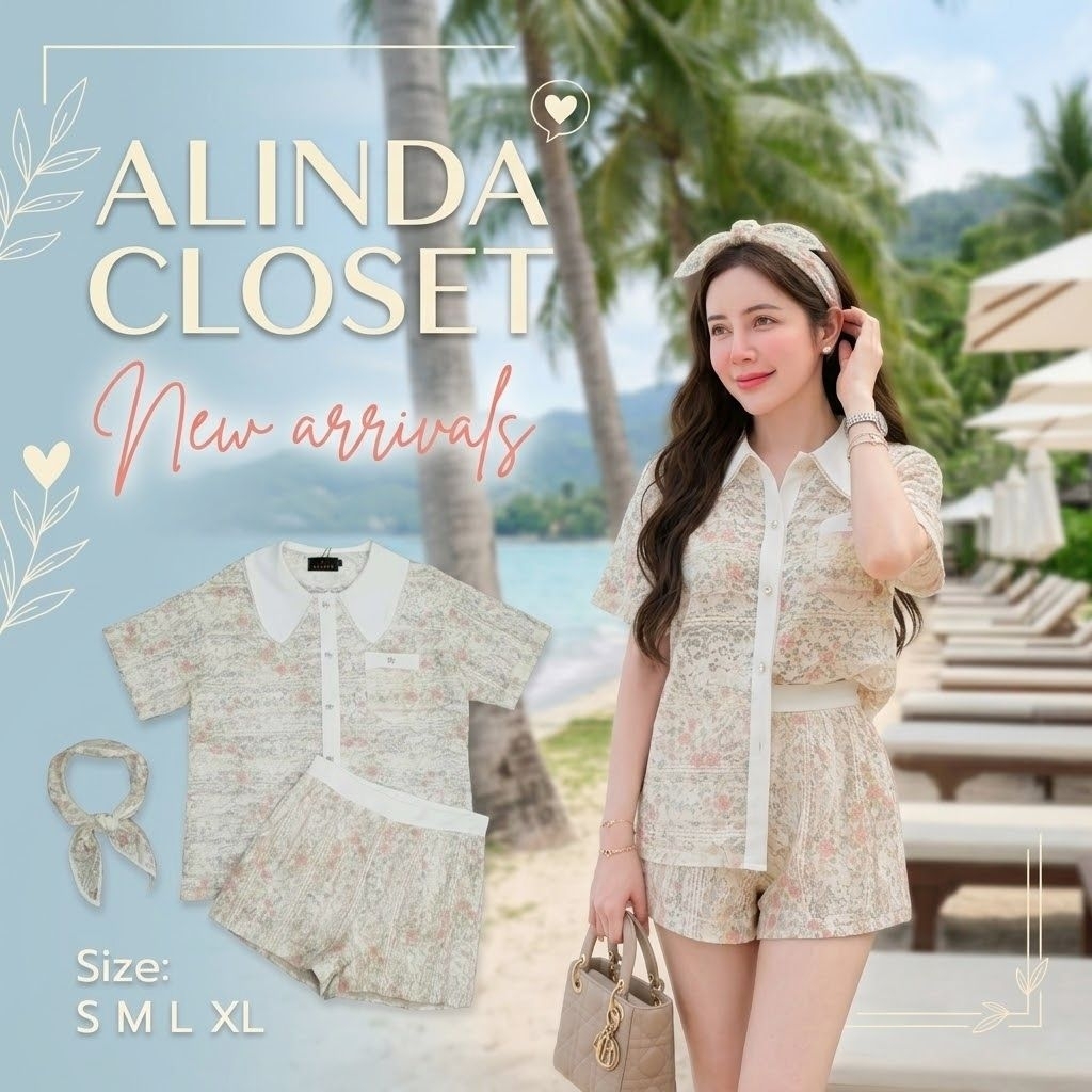 𝘼𝙇𝙄𝙉𝘿𝘼 𝘾𝙇𝙊𝙎𝙀𝙏 ᯓ ชุดเซ็ตผ้าลูกไม้เนื้อนุ่ม เสื้อคอปกกระดุมหน้าแขนสั้น+กางเกงขาสั้น+ผ้าคาดผม