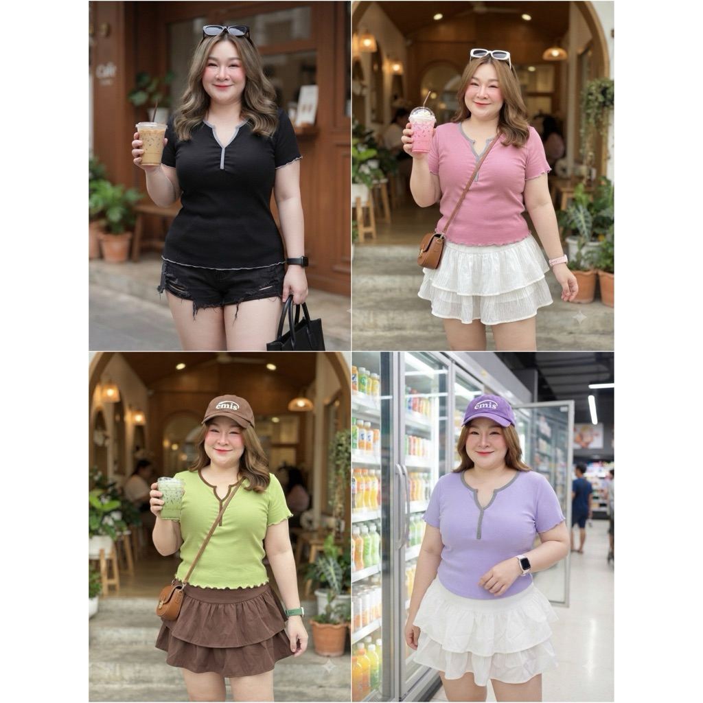 [สาวอวบ]two-tone อก36-46 เสื้อยืดแฟชั่นสุดชิก เนื้อผ้าร่องใส่สบายไม่ร้อน มาพร้อมดีไซต์การเย็บน่ารักๆ
