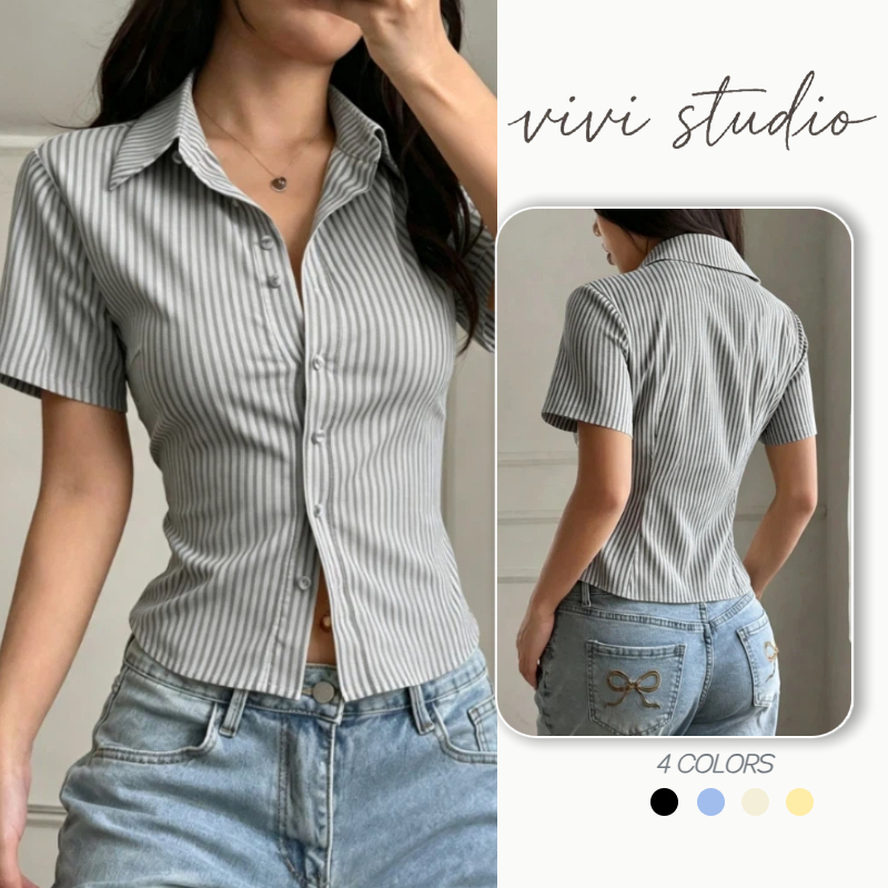 เสื้อเชิ้ตแขนสั้น เสื้อเชิ้ตลายทางทรงผอม ทรงเข้ารูป แบบเรียบ สไตล์เกาหลี