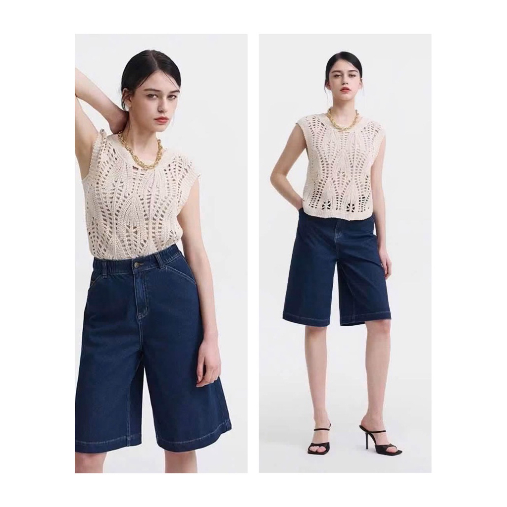 CELEPSHOP Burmuda กางเกงยีนส์ขาสั้น เอวสูง เอวยืด ผ้ายืด งานแท้