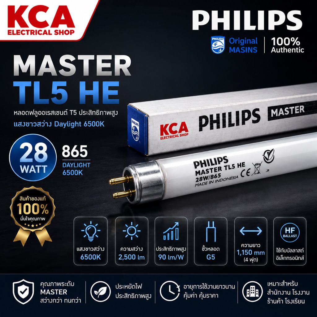 หลอดไฟ PHILIPS MASTER 28W/T5 หลอดฟลูออเรสเซนต์ หลอดยาว 115CM. ((จำนวน 10 หลอด))