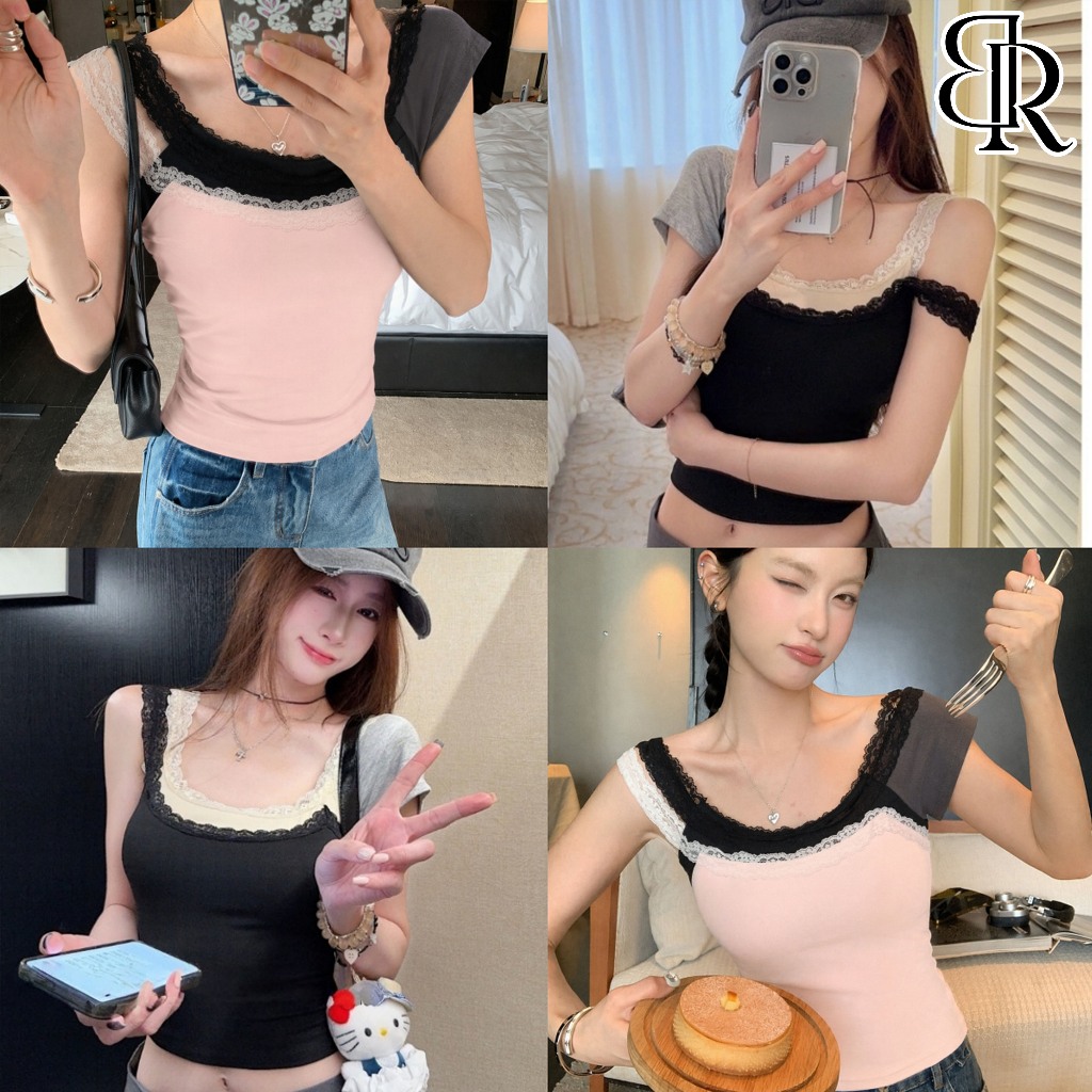 B&R พร้อมส่ง แขนไม่สมมาตรต่อขอบลูกไม้สองสีเสื้อยืดปลอมสองชั้น เสื้อผู้หญิงทรงสั้นเข้ารูปตัดสี แฟชั่นเกาหลี