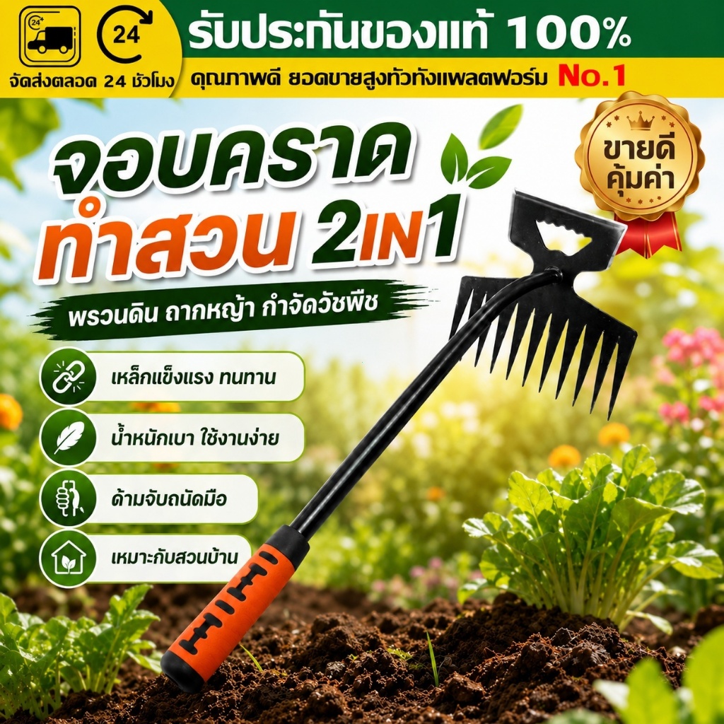 （COD） จอบคราดทำสวน 2IN1 จอบพรวนดิน ถากหญ้า กำจัดวัชพืช หัวเหล็กแข็งแรง ด้ามจับกันลื่น ใช้งานง่าย เหมาะกับสวนผักรอบบ้าน