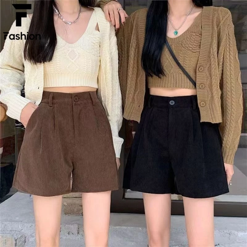 สไตล์เกาหลีมาแรง! กางเกงขาสั้นผ้าลูกฟูก เอวสูง ทรงตรงหลวมๆ ใส่ได้ทุกวัน S-XXL พร้อมส่ง