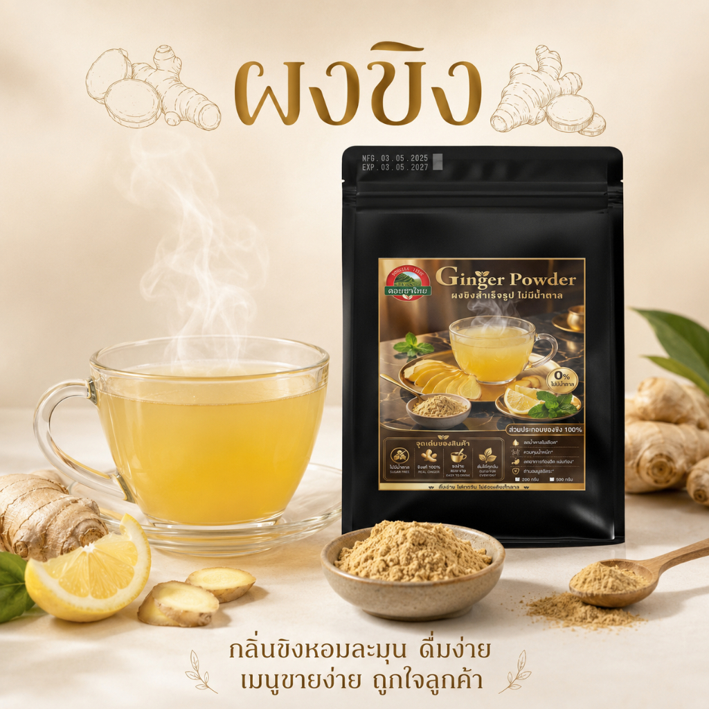 ขิงผงเข้มข้น ชนิดชงละลาย ไม่มีน้ำตาล ตราดอยชาไทย