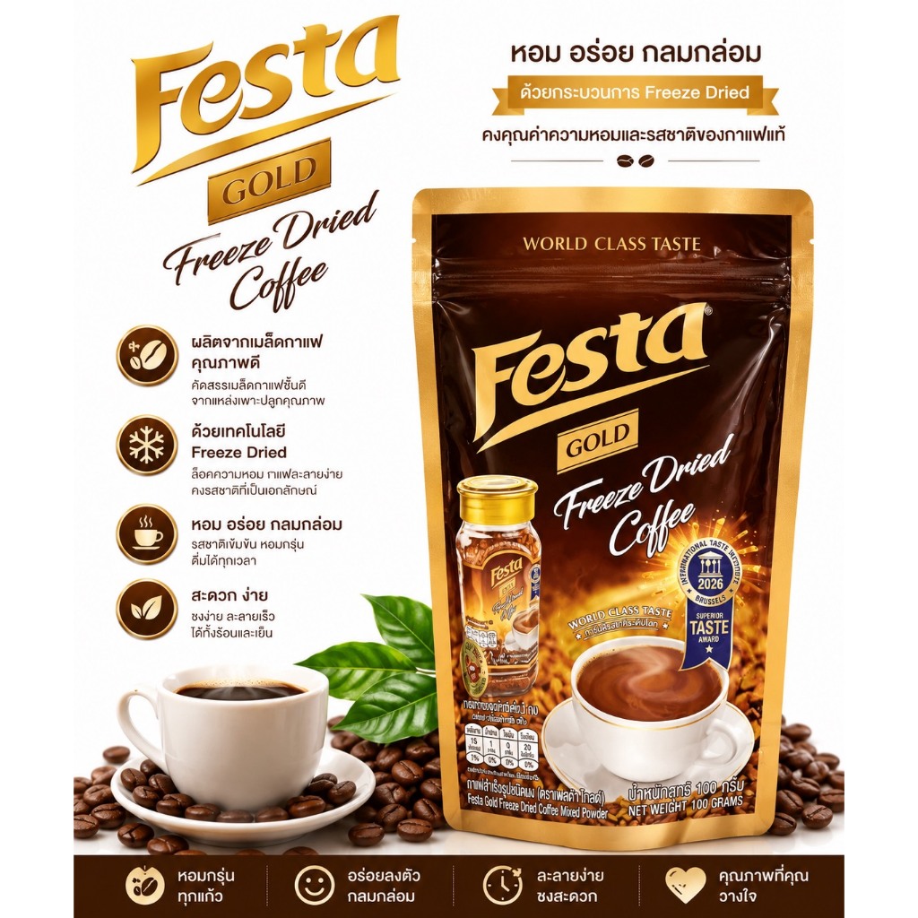 พร้อมส่ง Festa Gold Freeze Dried Coffee 100g.(แบบซอง)กาแฟสำเร็จรูป เฟสต้าโกลด์ฟรีซดราย