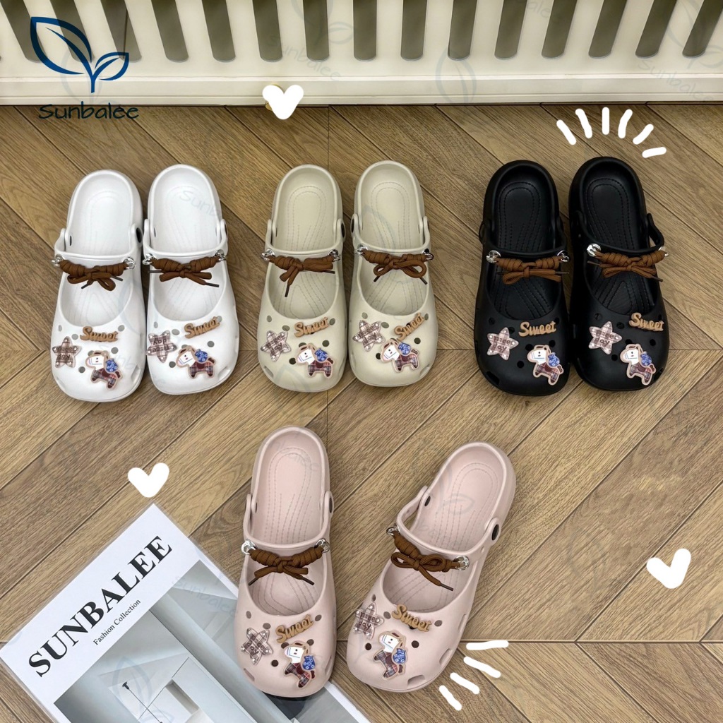 Hot💥BUNNY รองเท้าหัวโตส้นแบน+แถมฟรีตัวติดน่ารัก รองเท้าแตะสายคาดรัดส้น สีพื้นพาสเทล งานยางพื้นนิ่ม เบาใส่เดินสบาย💥ส่งไว