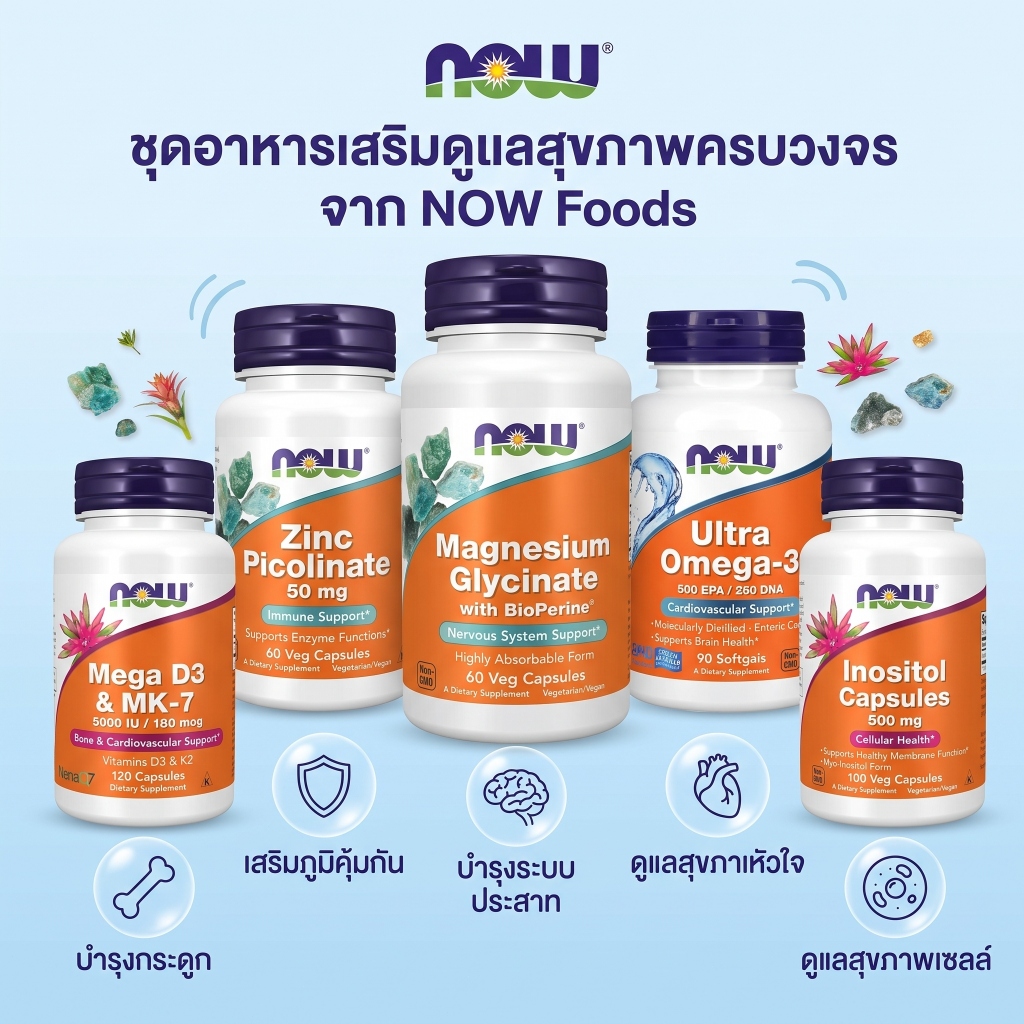 NOW Foods อาหารเสริมคุณภาพสูง แมกนีเซียม ไกลซิเนต สังกะสี โอเมก้า 3 วิตามินดี3 อินอซิทอล รวมใน1ที่เดียว แคปซูล