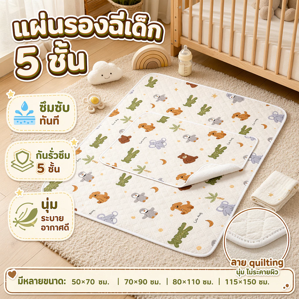 แผ่นรองฉี่เด็ก ป้องกันการรั่วซึม 5 ชั้น 50*70 /80*110 / 70*90 / 115*150 ชั้น อ่อนโยนต่อผิวและระบายอากาศได้ดีซักได้
