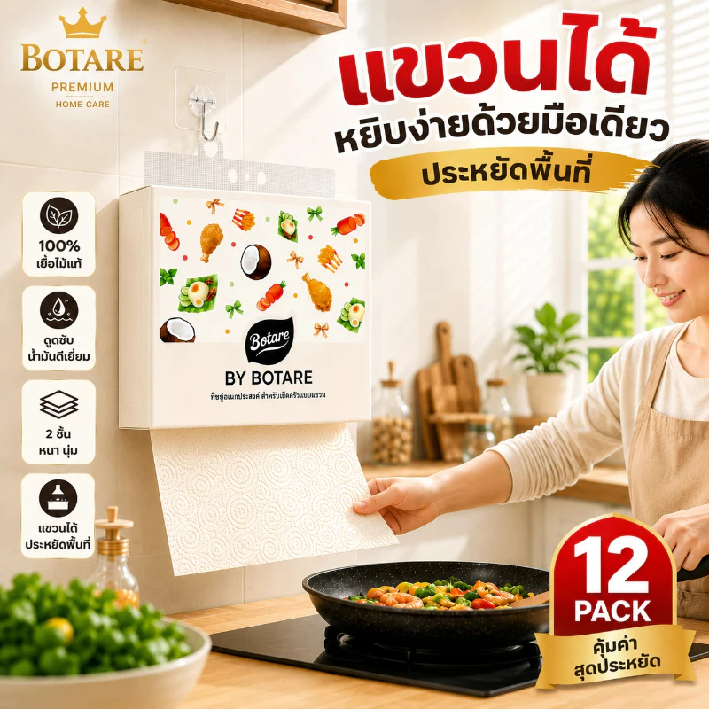 【4/8/12 แพ็ค】【Botare】ทิชชู่ครัว ดูดซับน้ำมันสุดแรง แขวนได้ เช็ดมือได้ ไม่เปลืองพื้นที่ ผ้าเช็ดใช้แล้วทิ้ง 2 ชั้น 160 แผ่