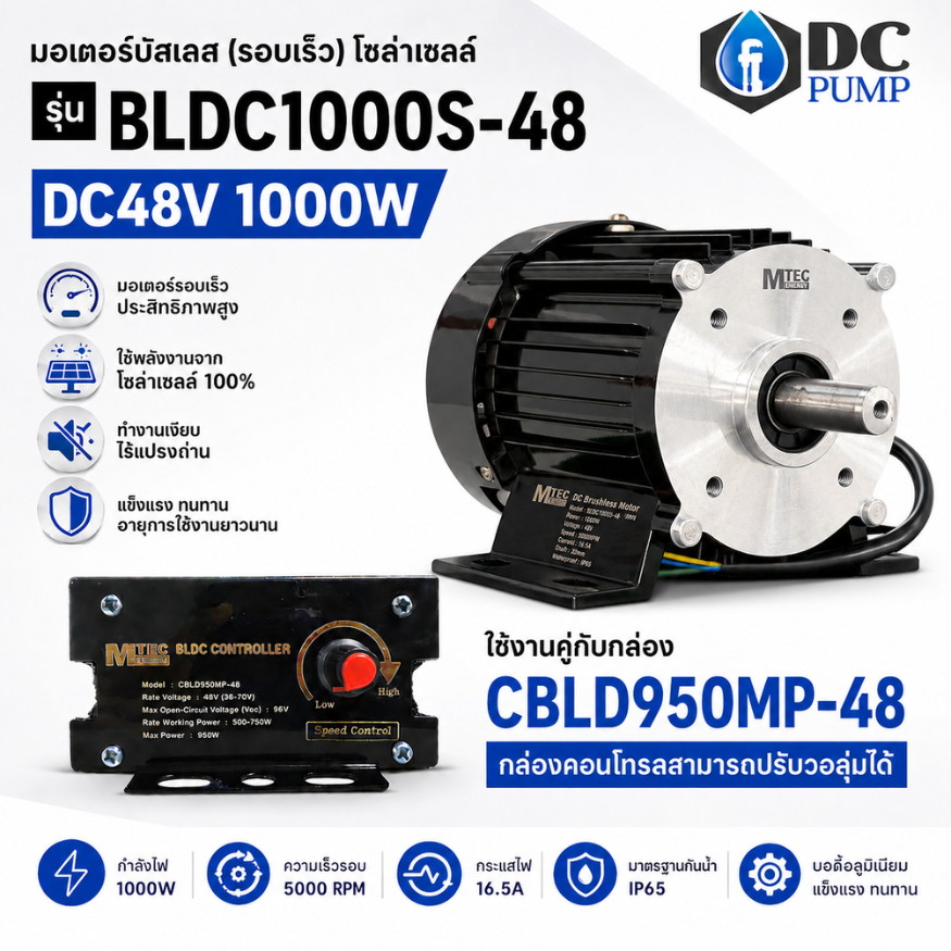 มอเตอร์บัสเลส พร้อมกล่องคอนโทรล ระบบไฟโซล่าเซลล์ BLDC1000S-48 CBLD950MP-48 DC Brushless Motor