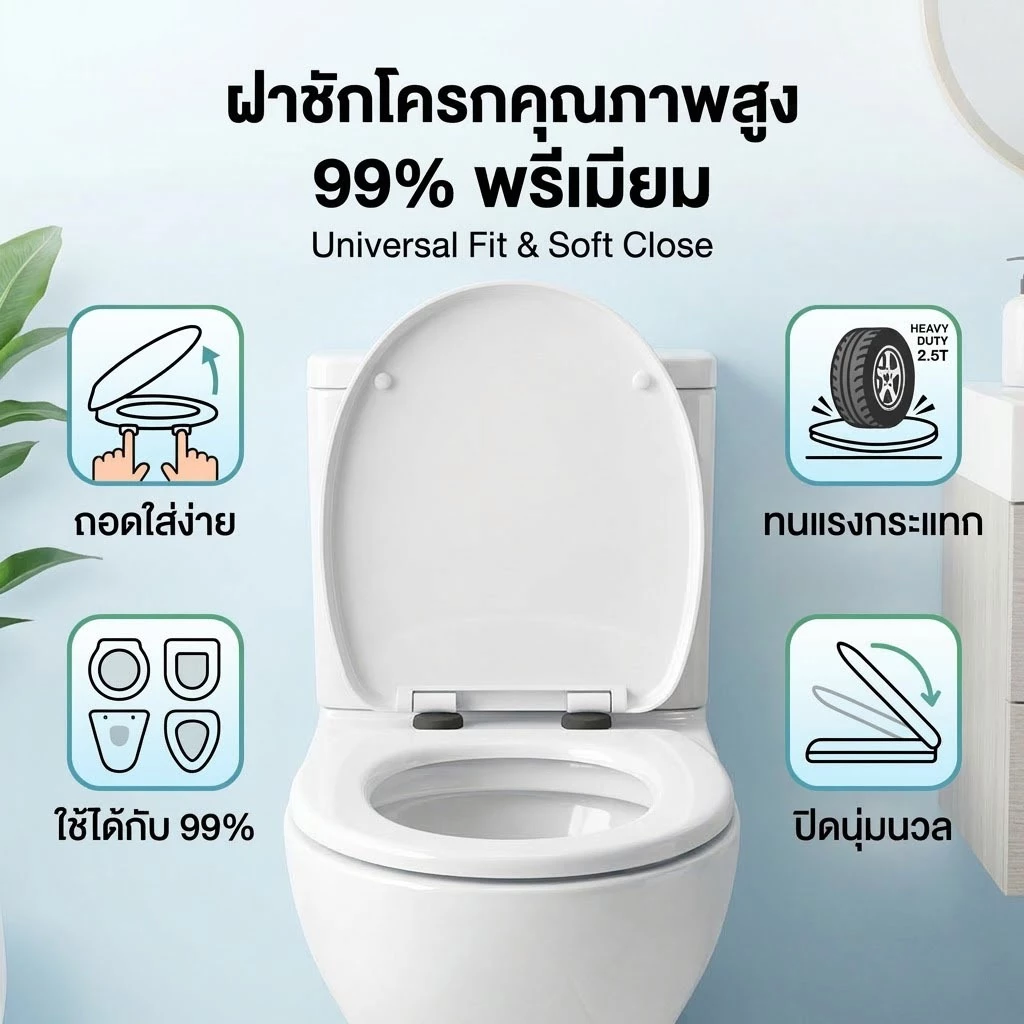 ฝารองนั่งชักโครก ทรงมาตรฐาน ใช้ได้ทุกรุ่น พลาสติกหนาพิเศษ ทนทาน ไม่เหลืองง่าย ติดตั้งเองได้ ดีไซน์ดูแพง