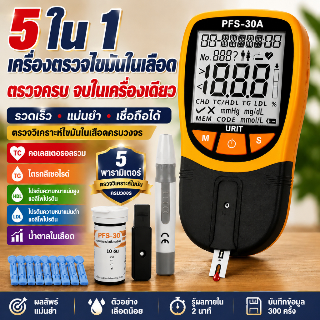 เครื่องวัดไขมันในเลือด 5 in 1 พร้อมแถบวัดคอเลสเตอรอล 10 ชิ้น – ตรวจผลไขมันในเลือดได้รวดเร็ว