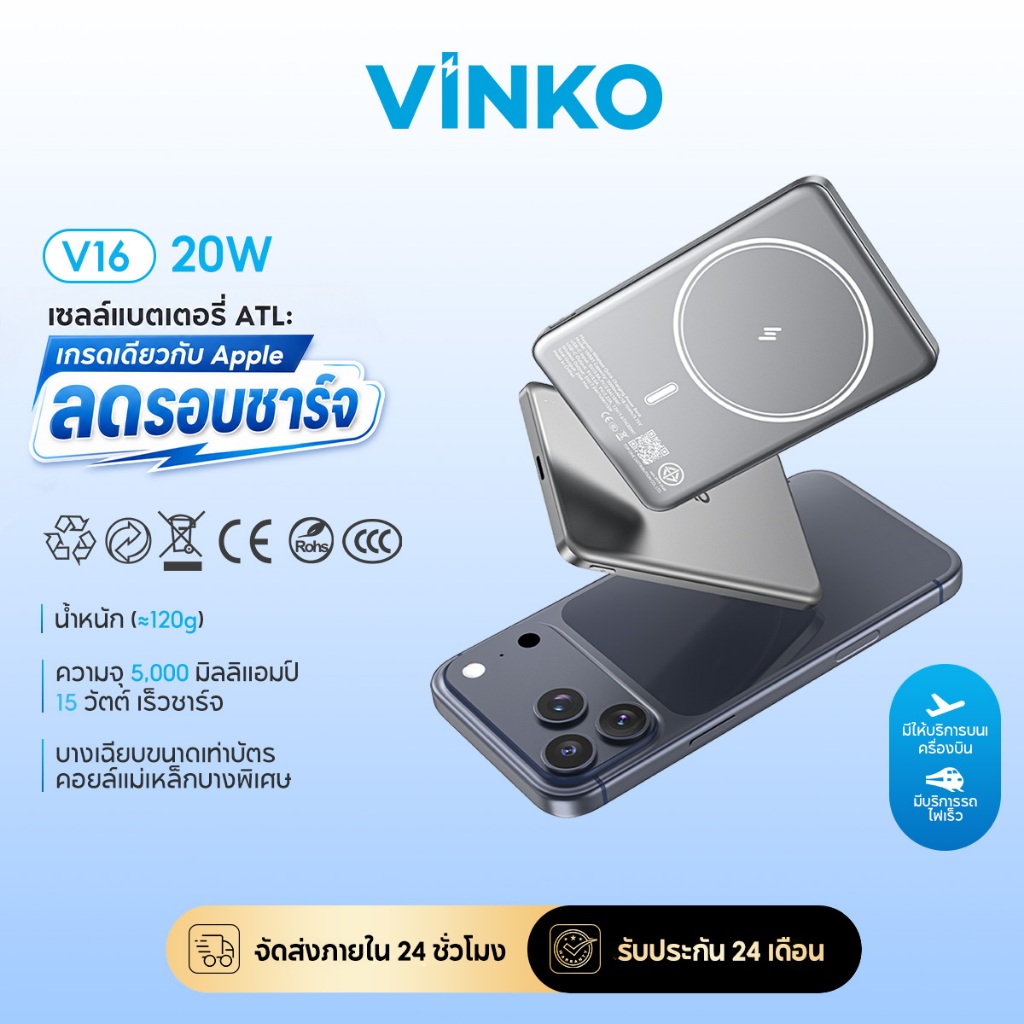 VINKO V16 พาวเวอร์แบงค์แม่เหล็ก แบตเกรด iPhone ชาร์จไร้สาย 15W/PD20W 5000mAh Magnetic Powerbank บางพ