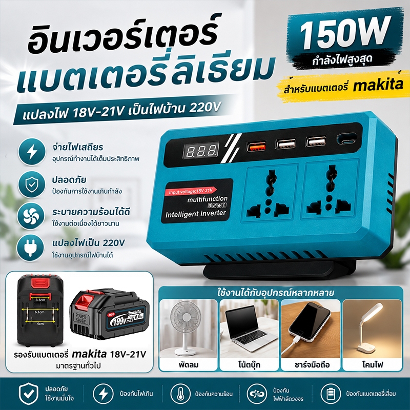 อินเวอร์เตอร์ 150W เครื่องแปลงไฟ DC 21V เป็น 220V ไร้สาย คลื่นไซน์ Power Inverter ปลั๊กอัจฉริยะ 3USB แปลงไฟ