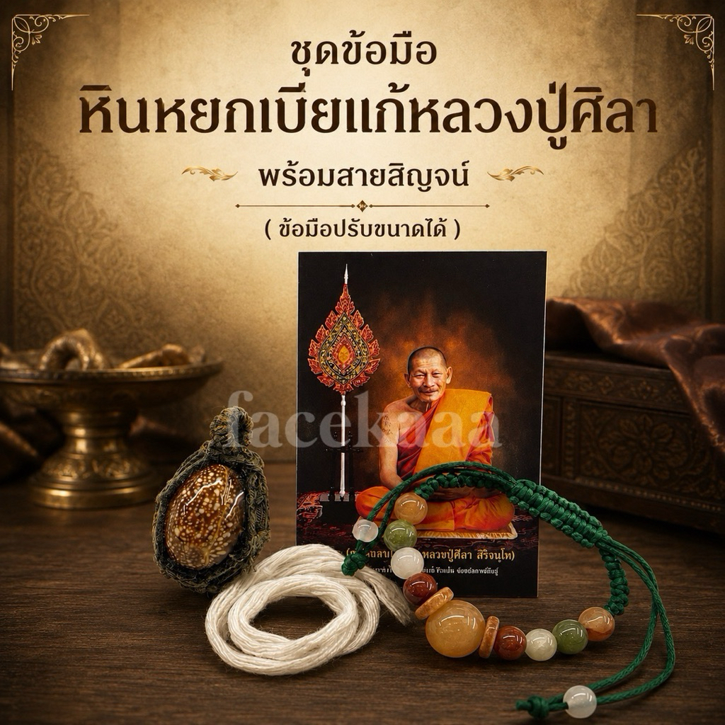 ชุดข้อมือหินหยกเบี้ยแก้หลวงปู่ศิลา พร้อมสายสิญจน์ ปรับไซส์ได้