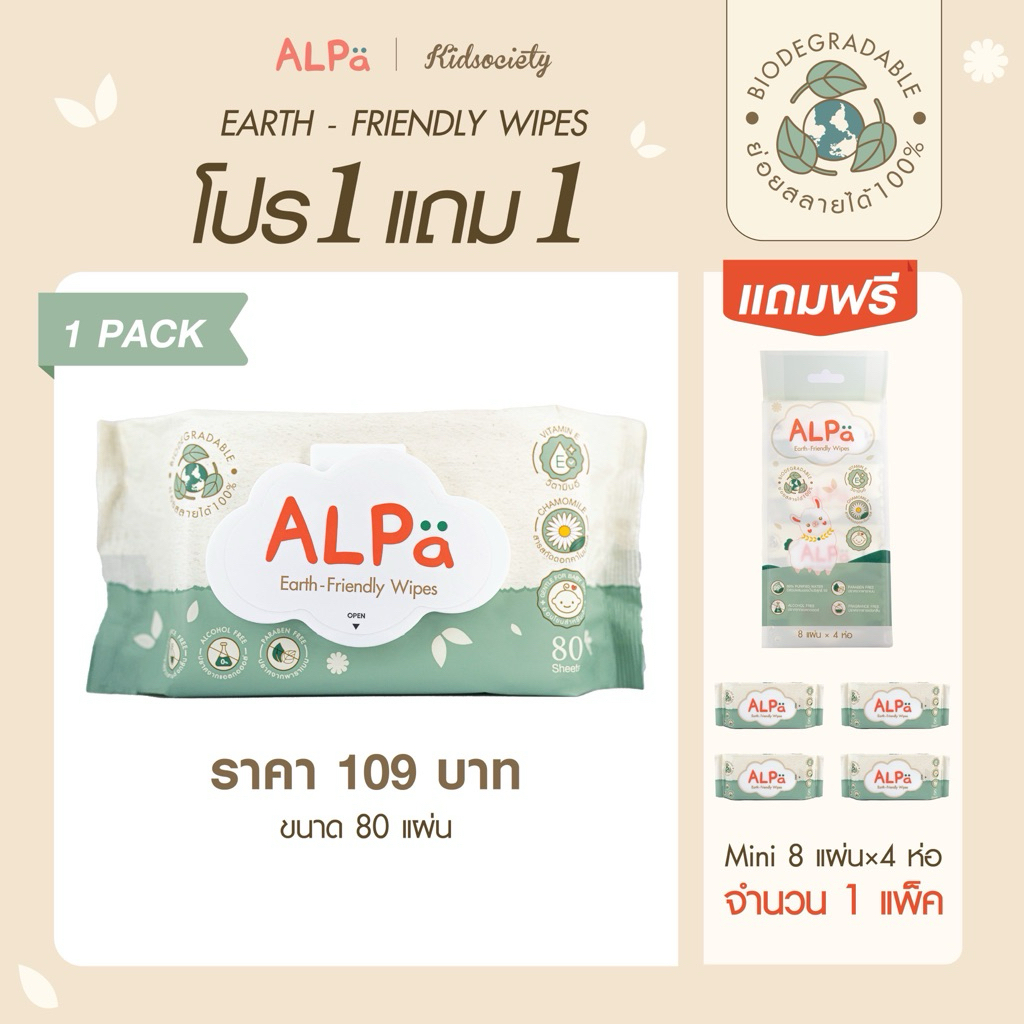 (1 แถม1)ALPa Earth-Friendly Wipes อัลป้า ผ้าเปียกย่อยสลายได้ ขนาด 80 แผ่น by Kidsociety #ผ้าเปียกทำความสะอาด#ทิชชู่เปียก