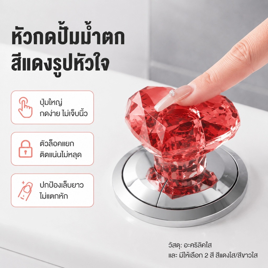 LEMO-T ตัวกดชักโครกรูปหัวใจโปร่งใสสุดสร้างสรรค์ใช้งานได้หลากหลายปุ่มสำหรับถังชักโครกที่กดชักโครกและยกหมวก